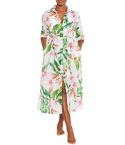 Lauren Ralph Lauren Watercolor Tropical Floral Print Swim Cover-Up Midi Shirt Dress