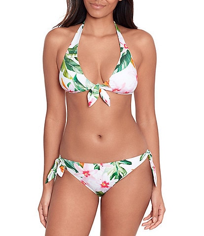 Lauren Ralph Lauren Watercolor Tropical Floral Print Tie Front Halter Swim Bra Top & Side Tie Scoop Hipster Swim Bottom