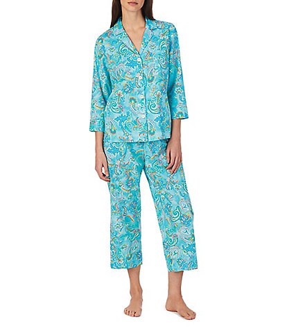 Lauren Ralph Lauren Woven Paisley 3/4 Sleeve Notch Collar Capri Pant Pajama Set