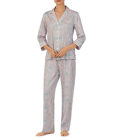 Lauren Ralph Lauren Woven Sateen Paisley Print 3/4 Sleeve Notch Collar Pajama Set