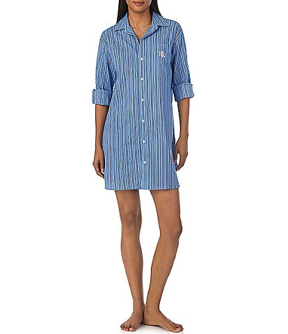 Lauren Ralph Lauren Woven Striped Rolled Tab Sleeve Button-Front Nightshirt