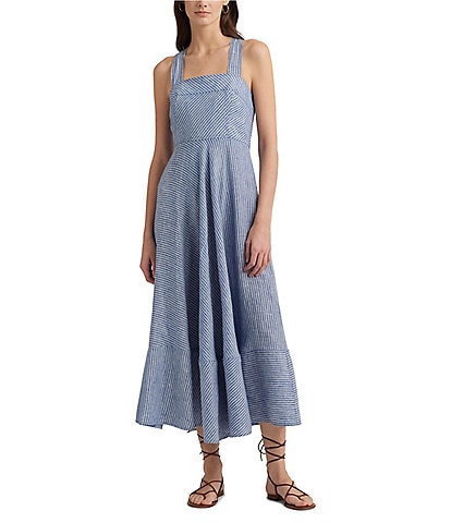 Lauren Ralph Lauren Yarn-Dye Linen Stripe Square Neck Sleeveless Fit & Flare Midi Dress