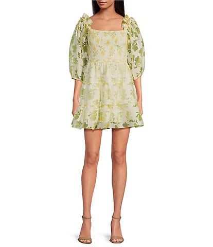 Layered With Love Beau Floral Burnout Jacquard Square Neck 3/4 Sleeve A-Line Mini Dress
