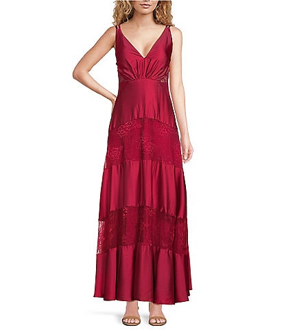 Layered With Love Celia Satin V-Neck Sleeveless Tiered Lace Maxi Dress