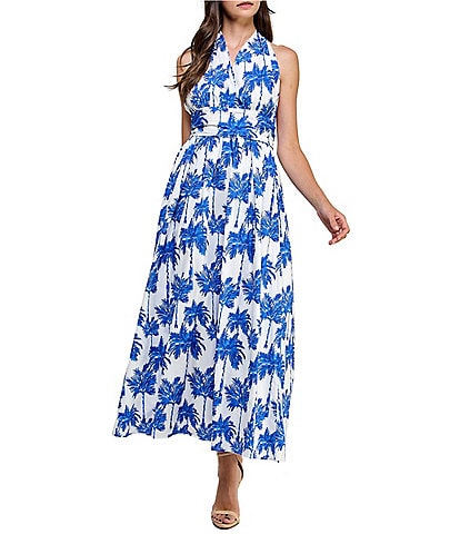 Layered With Love Halter Neck Sleeveless Tropical Palm Print Cotton Poplin Maxi Dress