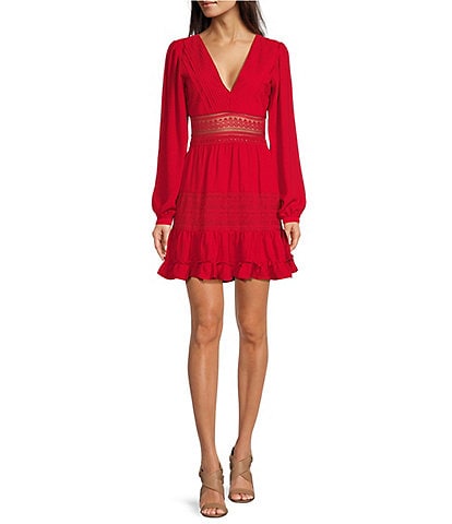 Layered With Love Helene Chiffon V-Neck Long Sleeve Lace Contrast Mini Dress