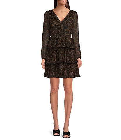 Layered With Love Jackie Chiffon Animal Print V-Neck Long Sleeve Tiered Mini Dress