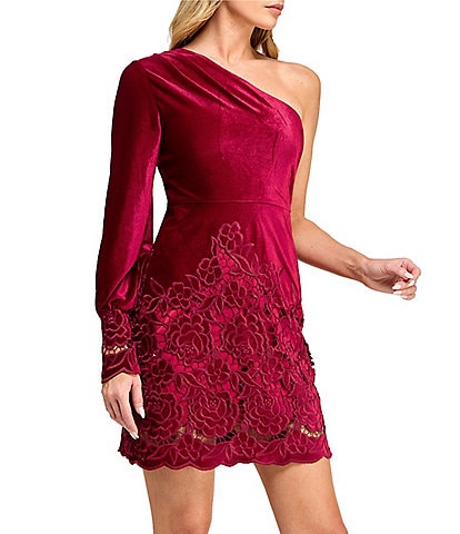 Layered With Love Lil Lorna One Sleeves Laser Cut Lace Velvet Mini Dress