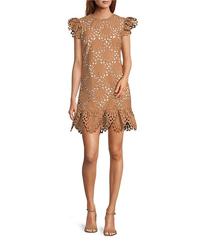 Layered With Love Lizzie Lace Mock Neck Short Flutter Sleeve Ruffle Mini Shift Dress