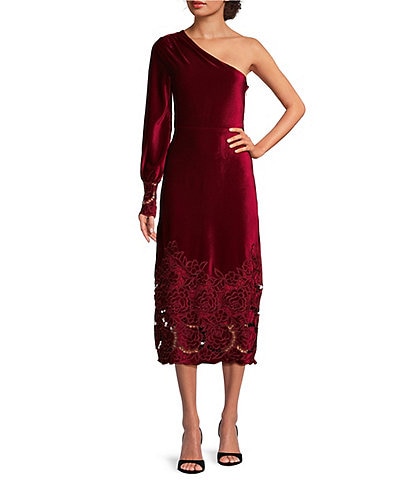 Layered with Love One Sleeve Laser Cut Floral Hem Velvet Midi Dress