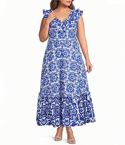 Layered With Love Plus Size Alessandra Tile Printed Ruffle Maxi Dress