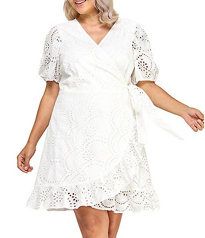 Layered With Love Plus Size Embroidered Eyelet Puffed Sleeve Wrap Dress