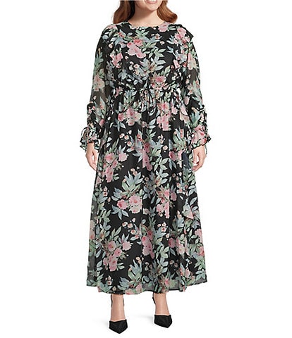 Layered With Love Plus Size Luna Floral Printed Crew Neck Long Sleeve Ruffle Chiffon Maxi Dress