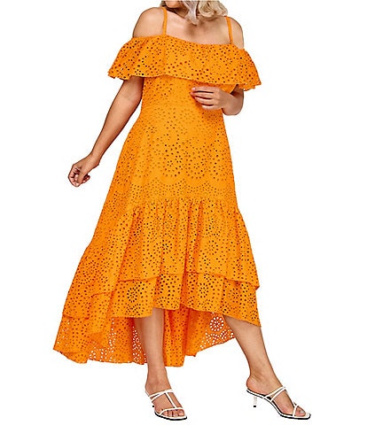 Layered With Love Plus Size Square Neck Off-The-Shoulder Ruffle Sleeves With Straps Embroidered Eyelet Fit And Flare Sundress