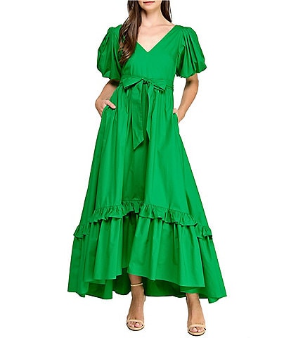 Layered With Love V-neck Short Puff Sleeves Self Belt Hi Low Ruffle Hem Maxi Dress