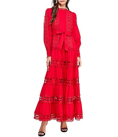 Layered With Love Woven Cotton Crew Neck Blouson Sleeves Belted Crochet Trim A-Line Maxi Dress