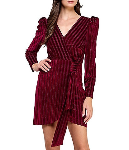 Layered With Love Yasmin Puff Sleeve Shadow Stripe Velvet Faux Wrap Mini Dress