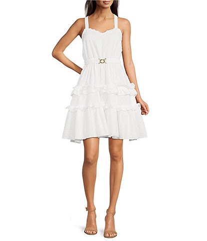 LDT Celia Tiered Sweetheart Neck Sleeveless Belted Tiered Ruffle Strappy Back Detail A-Line Dress