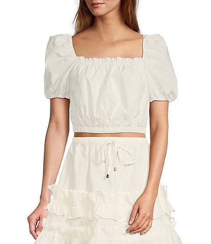 LDT Chloe Square Neck Short Puff Sleeve Smocked Coordinating Cropped Top