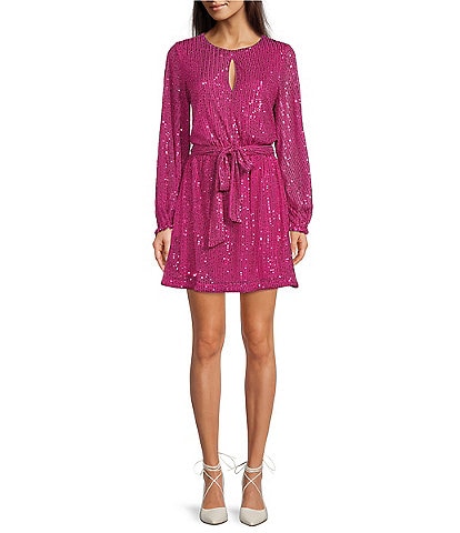 LDT Irma Sequin Crew Keyhole Neck Long Sleeve Tie Waist Dress