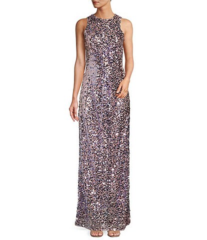 LDT Sequin Crew Neck Sleeveless Twisted Bodice Gown