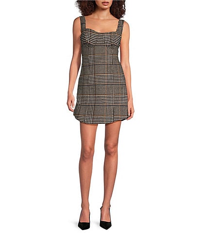 Le' AL.X  Wool Blend Knit Glen Plaid Sweetheart Neck Tank Strap Bustier Mini Coordinating Dress