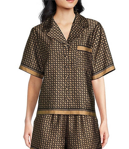 Le' AL.X Coordinating Border Printed Button Front Short Sleeve Cropped Satin Coordinating Camp Shirt