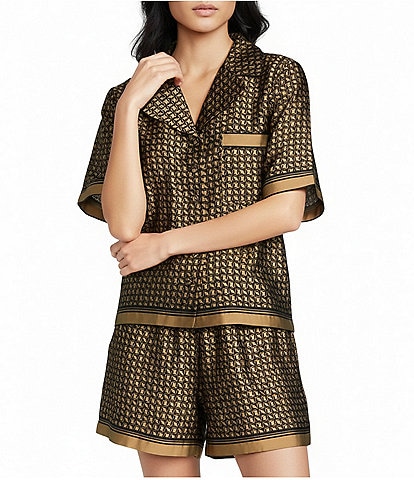 Logo Print Satin Notch Lapel Short Sleeve Cropped Coordinating Camp Shirt