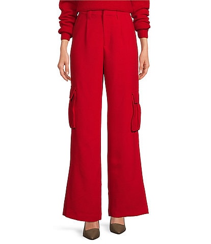 Le' AL.X Woven Crepe High Rise Pleated Front Cargo Suit Wide Leg Coordinating Pants