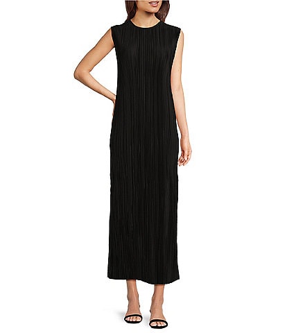 Le' AL.X Crinkle Pleated Stretch Knit Crew Neck Sleeveless Coordinating Side Slit Shift Maxi Dress