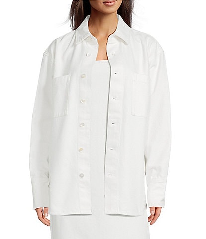 Le' AL.X Denim Point Collar Button Front Dropped Long Sleeve Oversized Coordinating Overshirt