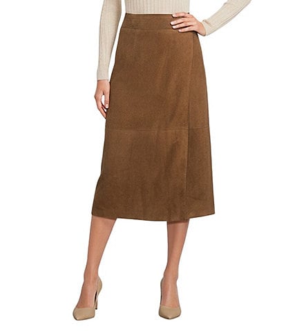 Le' AL.X Genuine Suede High Rise Wrap Front A-Line Midi Skirt