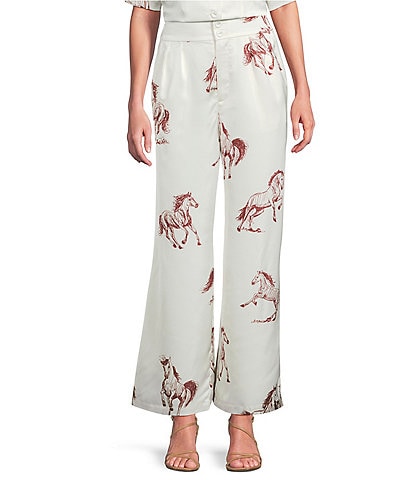 Le' AL.X Horse Print Satin High Waisted Pleated Front Wide Leg Coordinating Pants