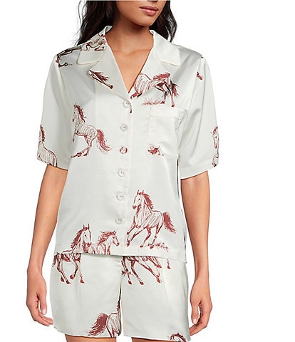 Le' AL.X Horse Print Satin Notch Lapel Short Sleeve Cropped Coordinating Camp Shirt