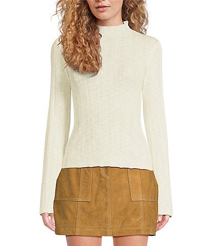 Le' AL.X Knit Ribbed Lettuce Mock Neck Long Sleeve Tee Shirt