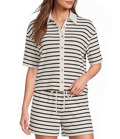 Le' AL.X Knit Striped Collared Short Sleeve Button Front Coordinating Shirt