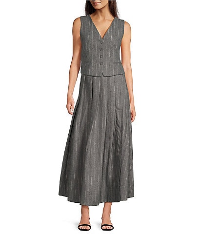 Le' AL.X Knit Wool Blend V-Neck Button Front Cropped Vest & High Rise Slider Belt Waist Pleated A-Line Maxi Coordinating Skirt