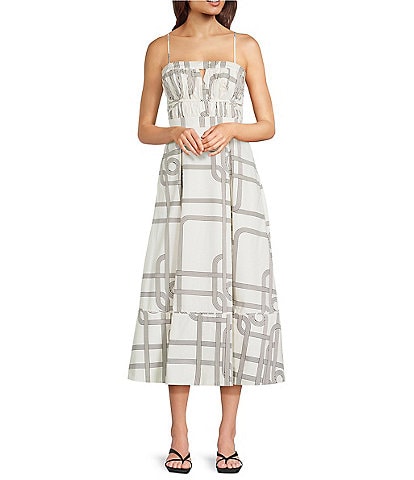 Le' AL.X Knot Print Woven Ruched Straight Keyhole Neck Spaghetti Strap A-Line Midi Coordinating Dress