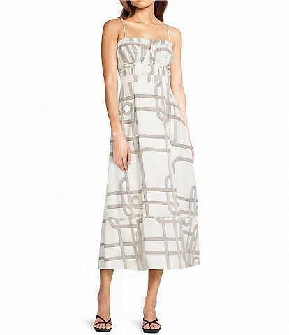 Le' AL.X Knot Print Woven Ruched Straight Keyhole Neck Spaghetti Strap A-Line Midi Coordinating Dress