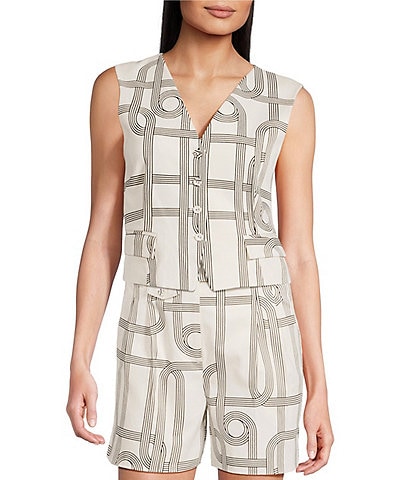 Le' AL.X Knot Print Woven V-Neck Sleeveless Button Front Coordinating Vest