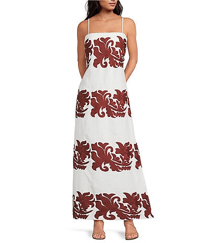 Le' AL.X Linen Embroidered Square Neck Sleeveless Spaghetti Strap Column Side Slit Maxi Dress
