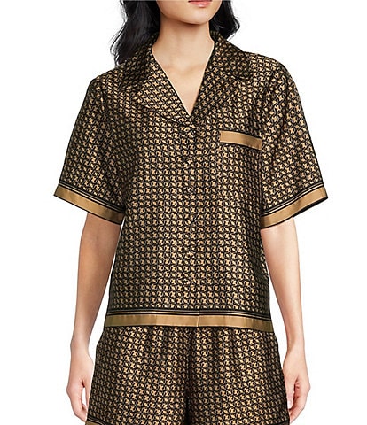 Le' AL.X Logo Print Satin Notch Lapel Short Sleeve Cropped Button Front Coordinating Camp Shirt