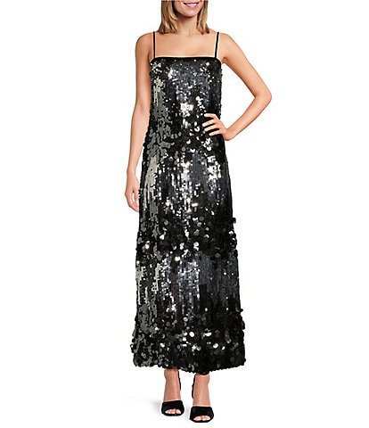 Le' AL.X Mixed Sequin Square Neck Sleeveless Spaghetti Strap Column Maxi Dress