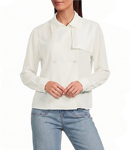 Le' AL.X Notch Collar Long Sleeve Double Breasted Woven Blouse