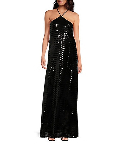 Le' AL.X Sequin Halter Neck Sleeveless Shift Slip Floor Length Dress