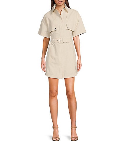 Le' AL.X Short Sleeve Snap Collar Belted Mini Shirt Dress
