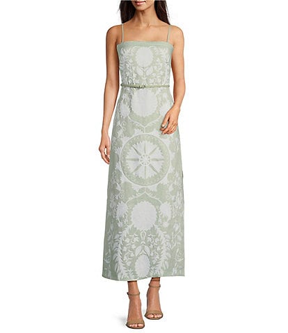 Le' AL.X Linen Embroidered Square Neck Sleeveless Spaghetti Strap Braided Belt Column Side Slit Maxi Coordinating Dress