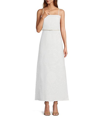 Le' AL.X Linen Embroidered Square Neck Sleeveless Spaghetti Strap Braided Belt Column Side Slit Maxi Coordinating Dress