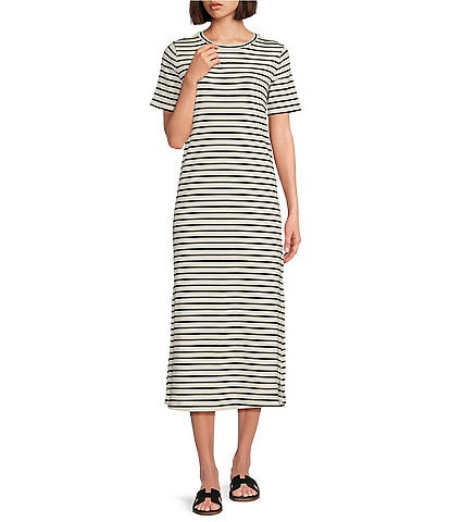 Le' AL.X Striped Stretch Knit Short Sleeve Round Neck T-Shirt Midi Dress