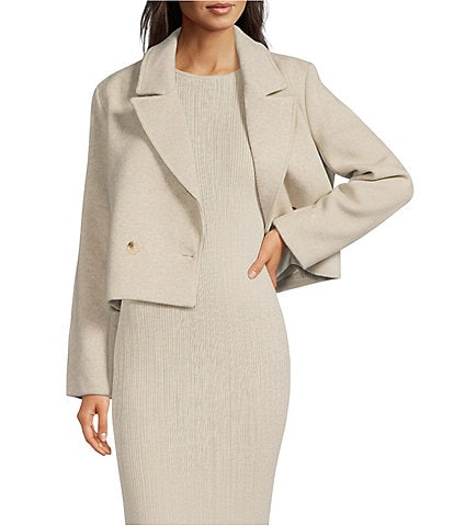 Le' AL.X Wool Blend Woven Notch Lapel Long Sleeve Button Front Cropped Coordinating Blazer